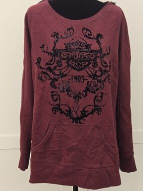 Harley-Davidson Ornate Crest Maroon Long Sleeve Kangaroo Sweatshirt Pullover XL